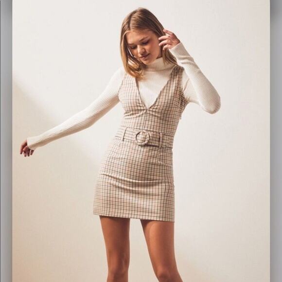 LOTTIE MOSS tan plaid belted academia mini vneck dress size Small - Picture 1 of 6